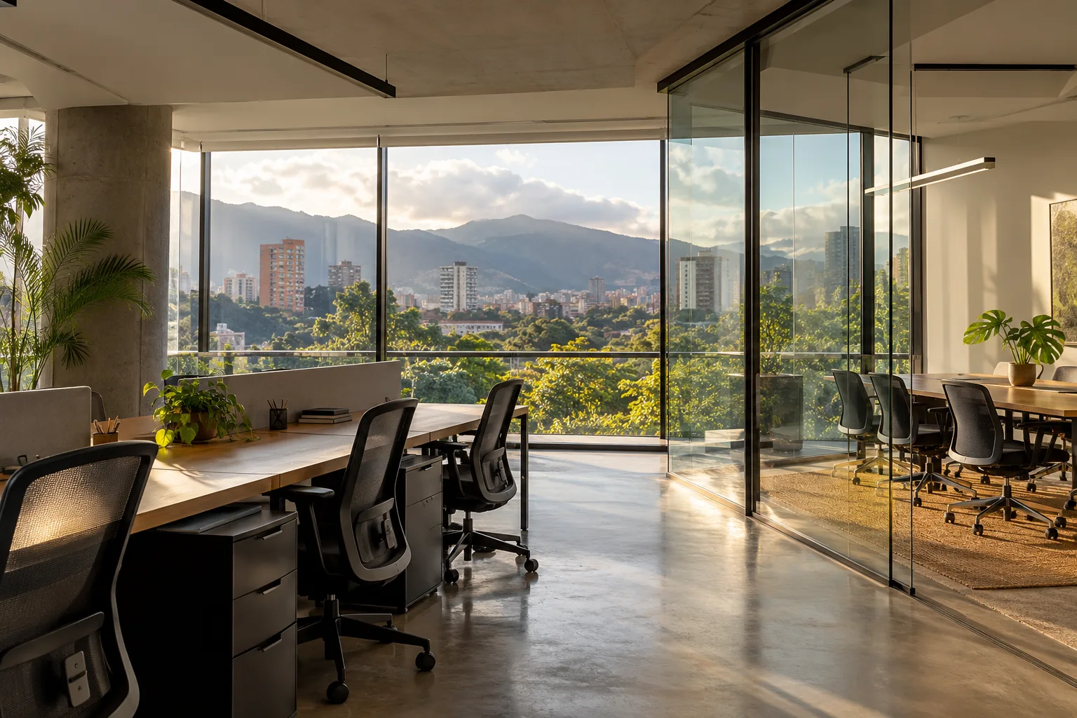 Office interior with city views